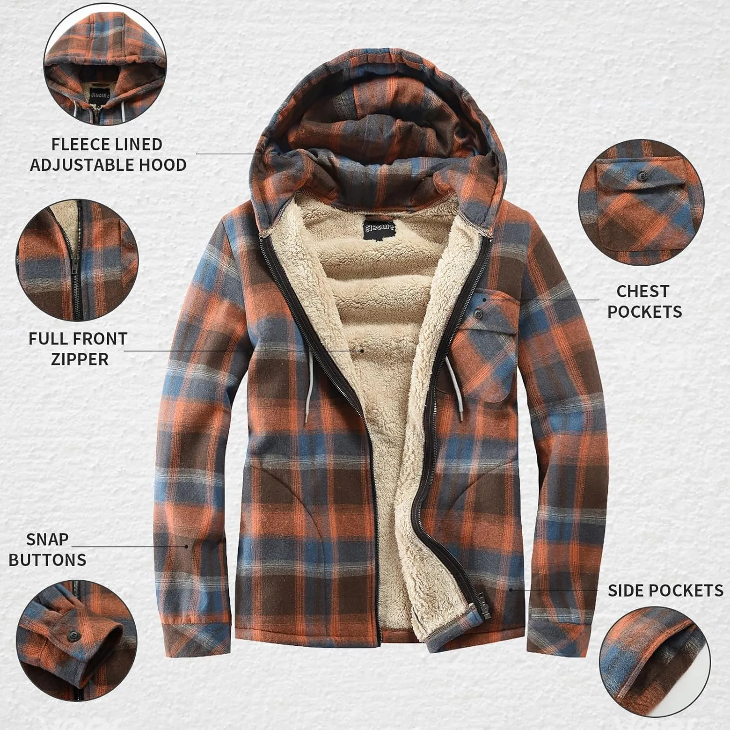 Elesuit Men's Full Zip Fleece Flannel Jackets Shirt Plaid Cotton Hoodies Soft Warm Coat for Men with Hood