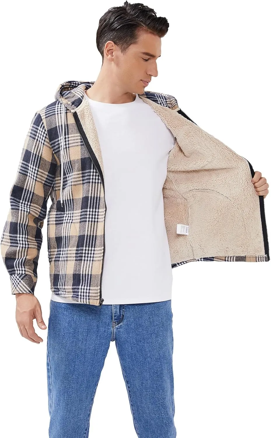 Elesuit Men's Full Zip Fleece Flannel Jackets Shirt Plaid Cotton Hoodies Soft Warm Coat for Men with Hood