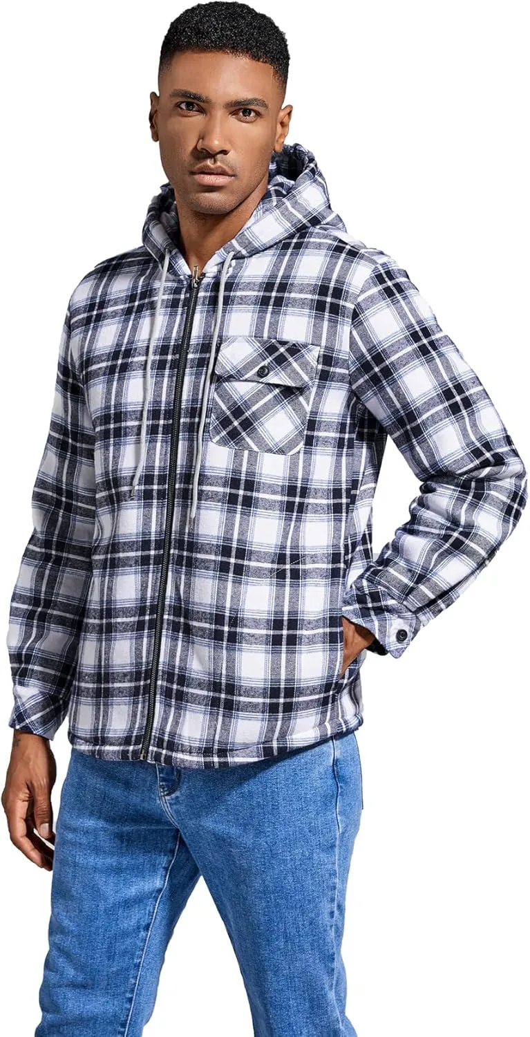 Elesuit Men's Full Zip Fleece Flannel Jackets Shirt Plaid Cotton Hoodies Soft Warm Coat for Men with Hood