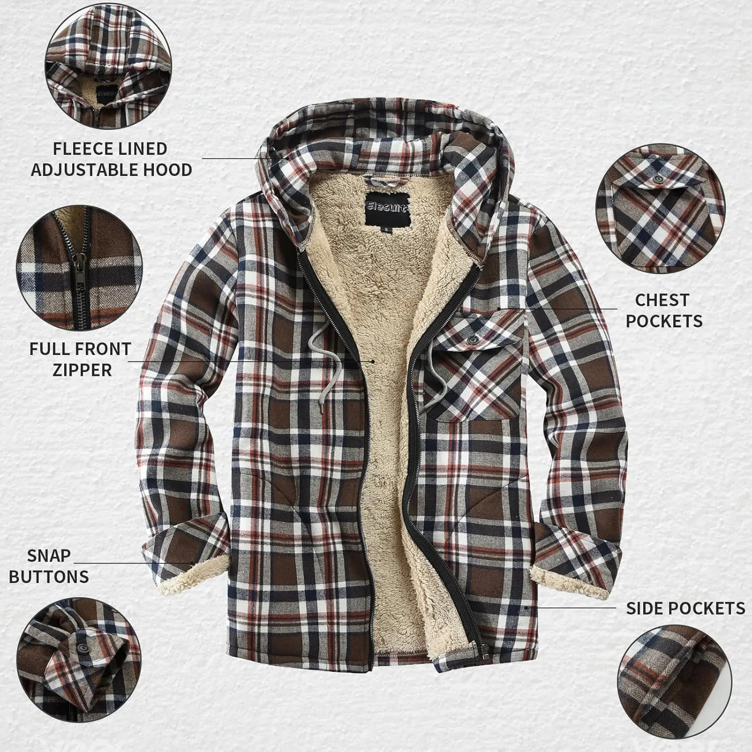 Elesuit Men's Full Zip Fleece Flannel Jackets Shirt Plaid Cotton Hoodies Soft Warm Coat for Men with Hood