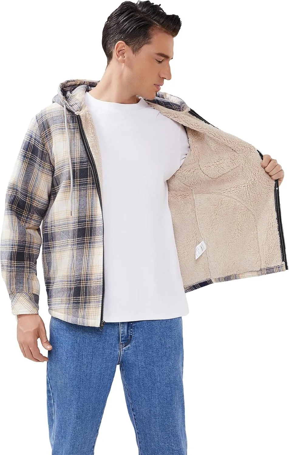 Elesuit Men's Full Zip Fleece Flannel Jackets Shirt Plaid Cotton Hoodies Soft Warm Coat for Men with Hood
