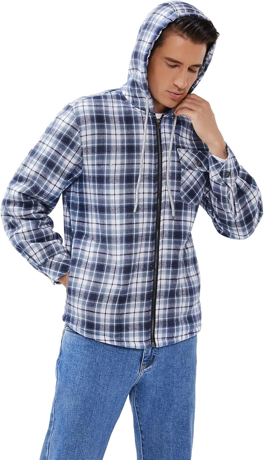 Elesuit Men's Full Zip Fleece Flannel Jackets Shirt Plaid Cotton Hoodies Soft Warm Coat for Men with Hood