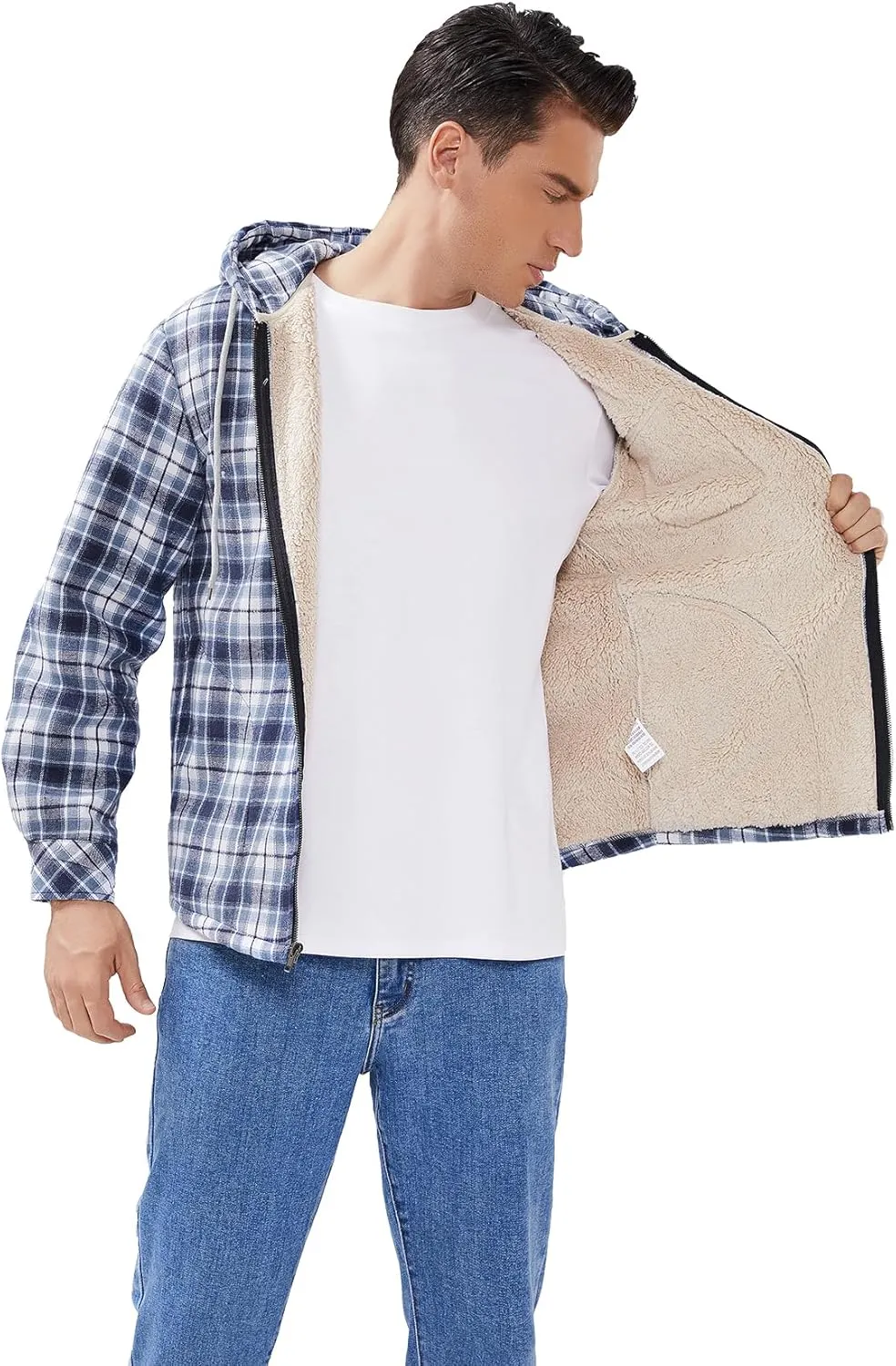 Elesuit Men's Full Zip Fleece Flannel Jackets Shirt Plaid Cotton Hoodies Soft Warm Coat for Men with Hood