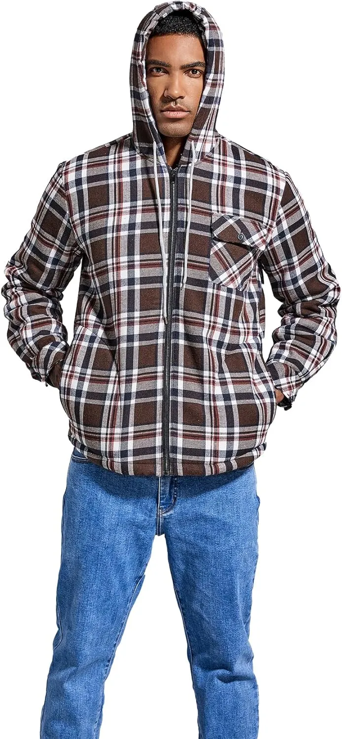 Elesuit Men's Full Zip Fleece Flannel Jackets Shirt Plaid Cotton Hoodies Soft Warm Coat for Men with Hood