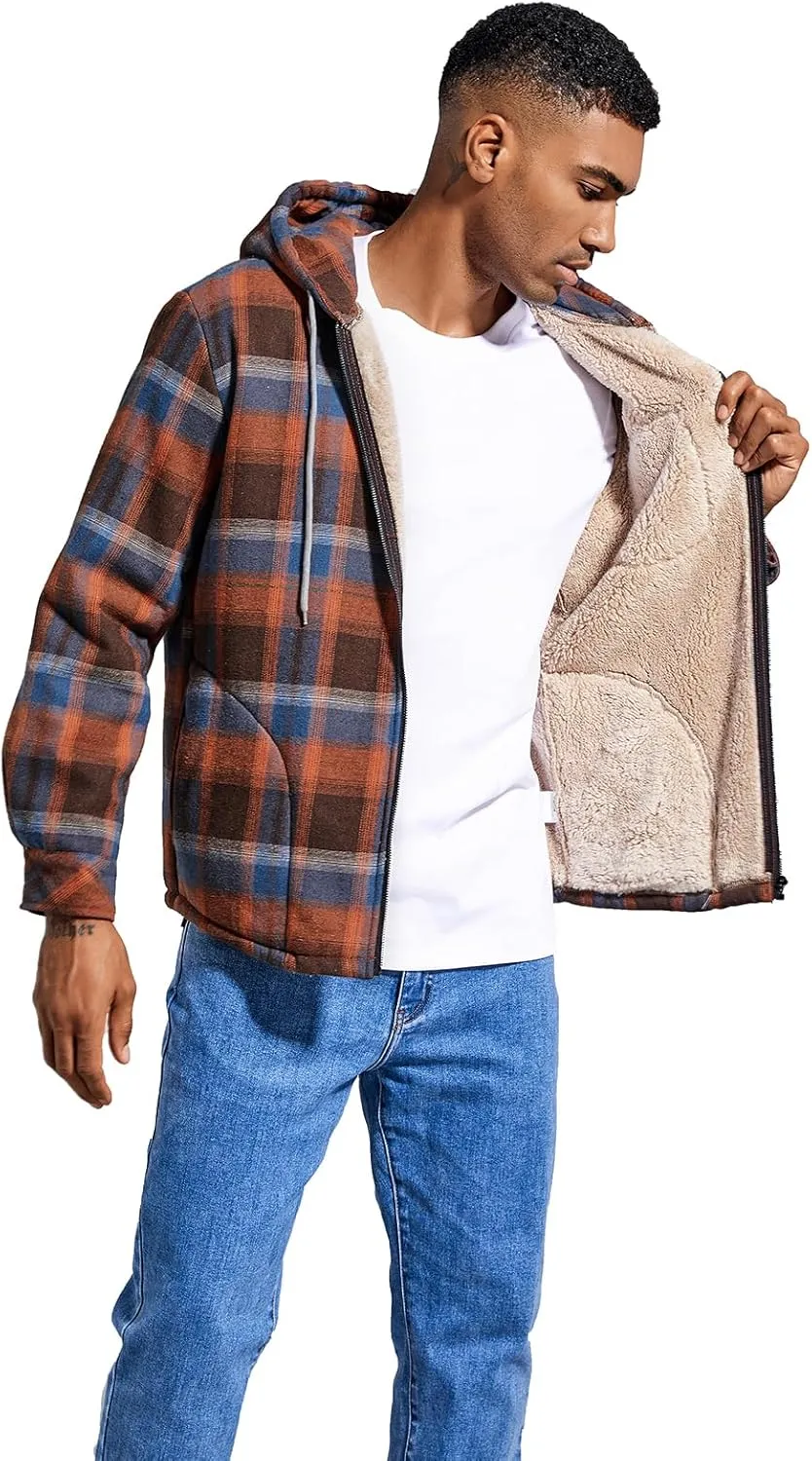 Elesuit Men's Full Zip Fleece Flannel Jackets Shirt Plaid Cotton Hoodies Soft Warm Coat for Men with Hood