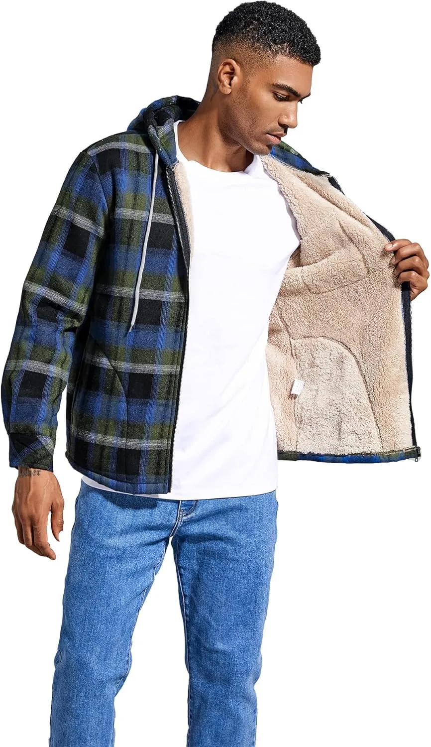 Elesuit Men's Full Zip Fleece Flannel Jackets Shirt Plaid Cotton Hoodies Soft Warm Coat for Men with Hood