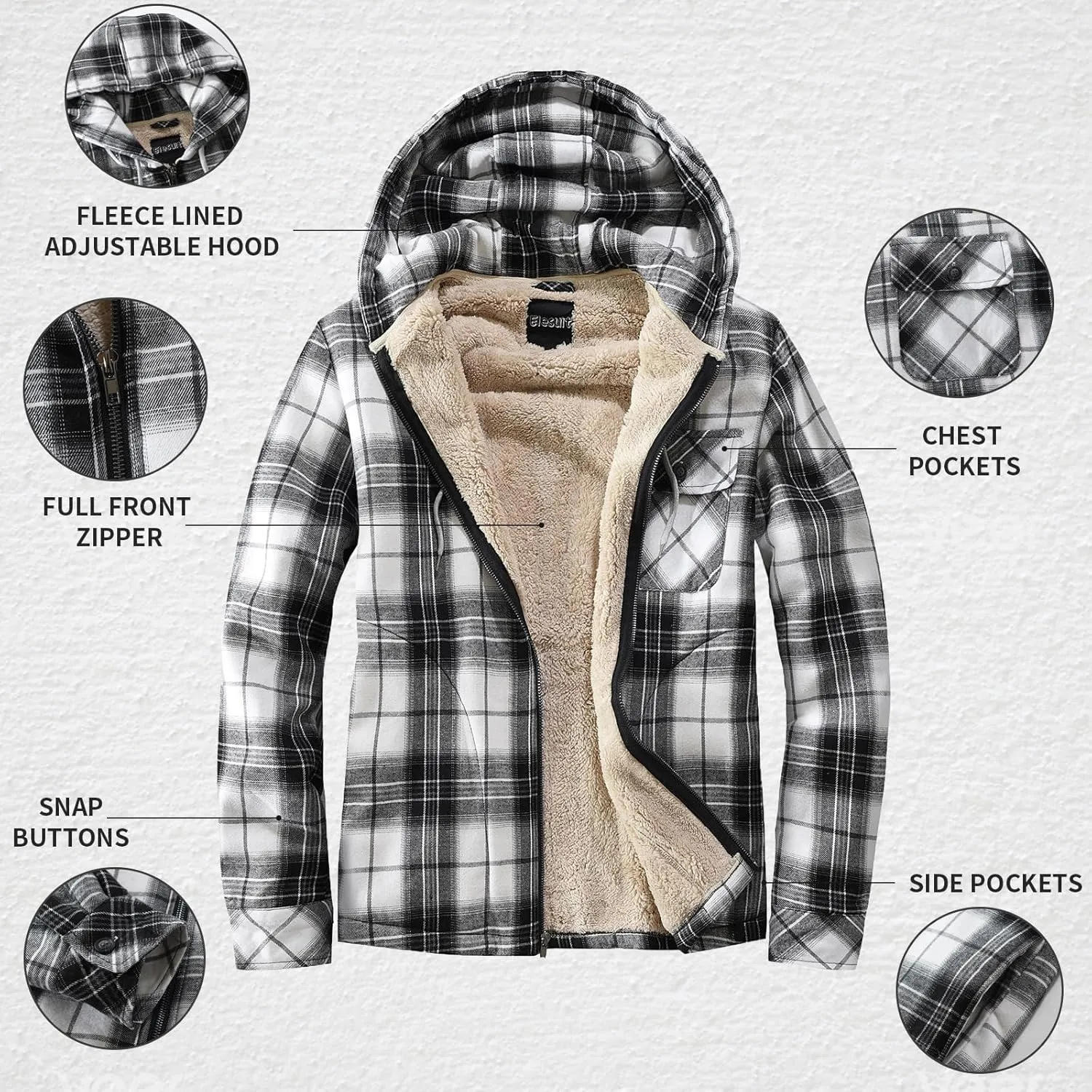 Elesuit Men's Full Zip Fleece Flannel Jackets Shirt Plaid Cotton Hoodies Soft Warm Coat for Men with Hood