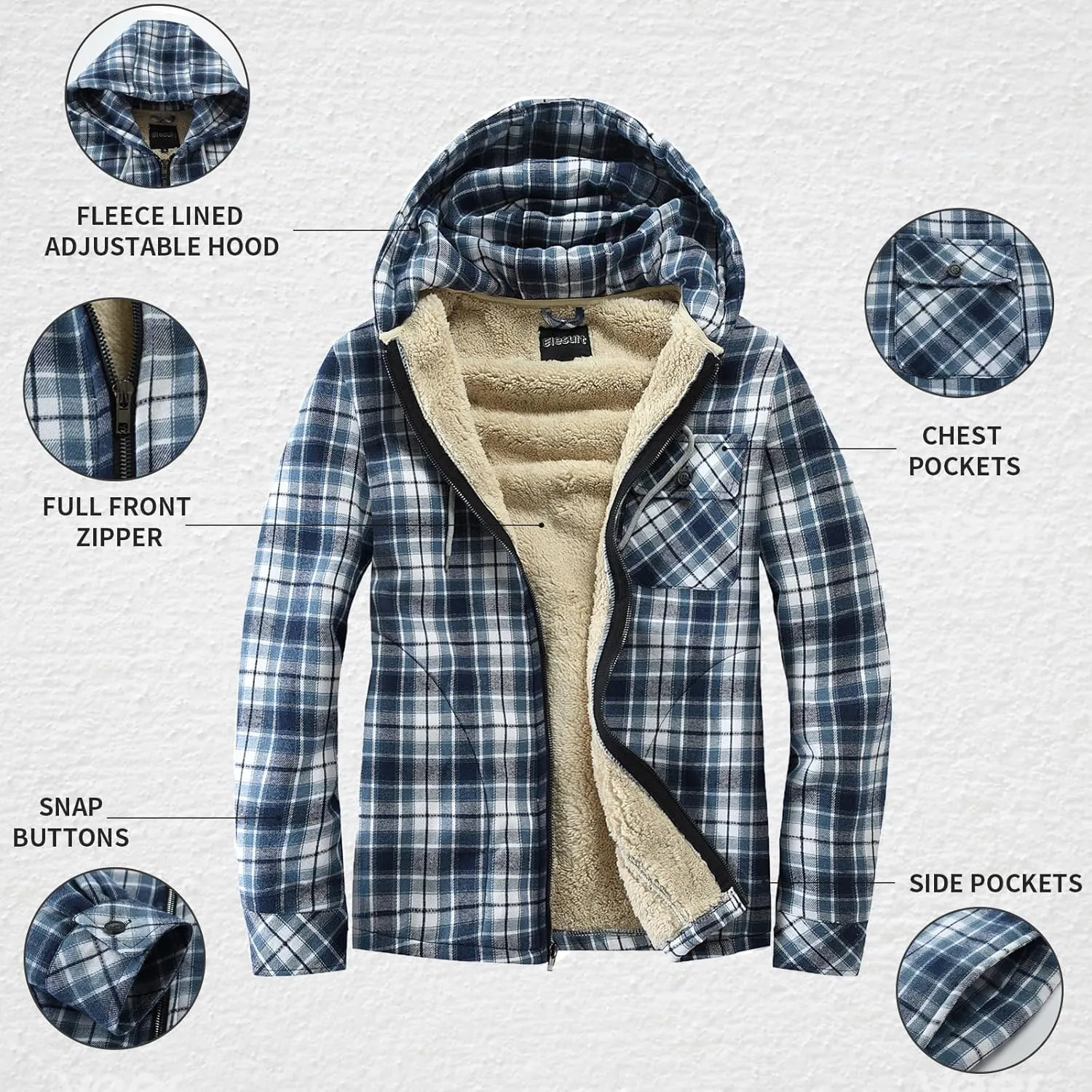Elesuit Men's Full Zip Fleece Flannel Jackets Shirt Plaid Cotton Hoodies Soft Warm Coat for Men with Hood