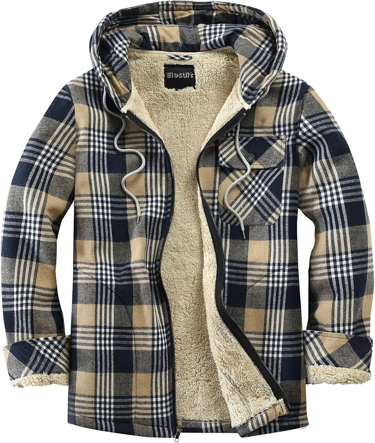Elesuit Men's Full Zip Fleece Flannel Jackets Shirt Plaid Cotton Hoodies Soft Warm Coat for Men with Hood