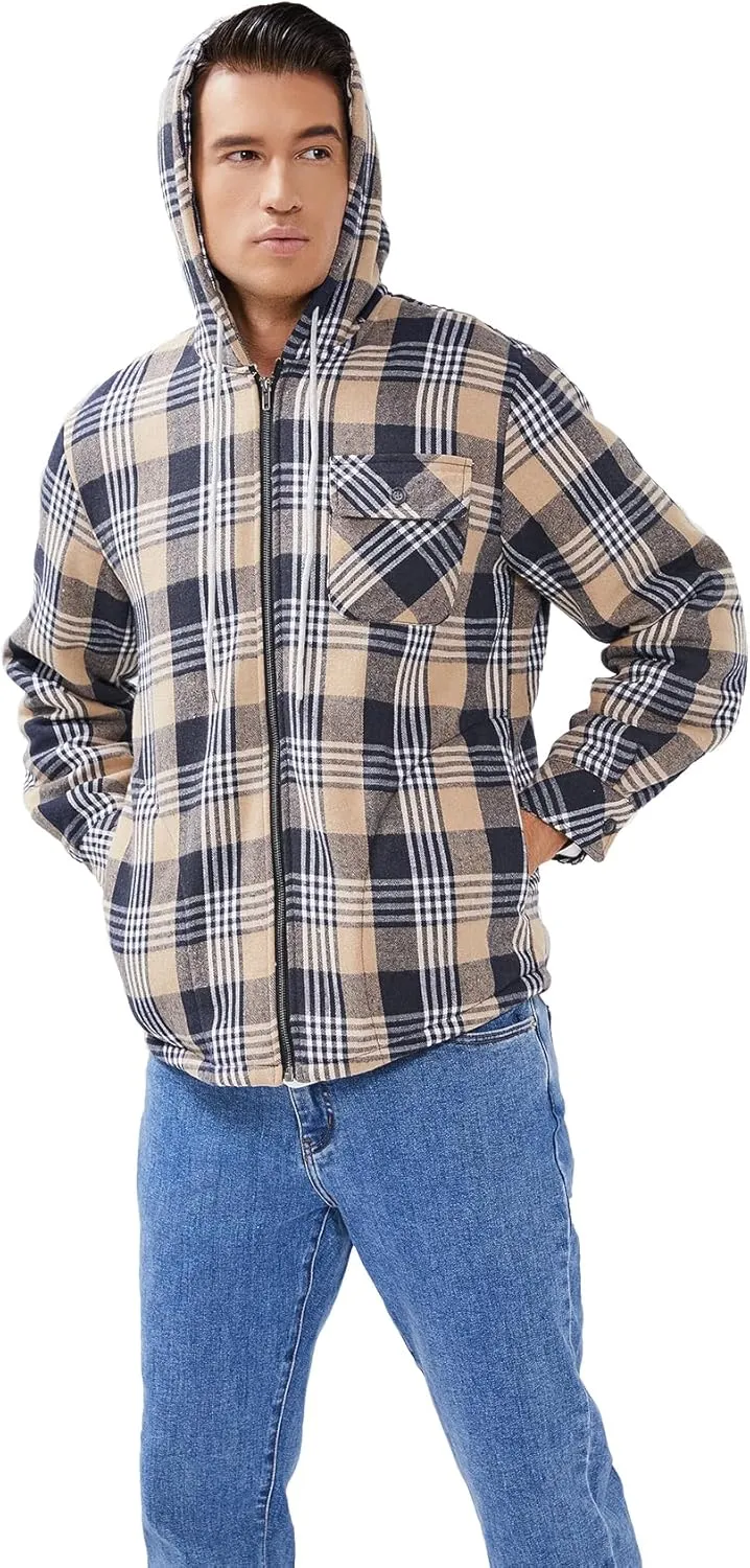 Elesuit Men's Full Zip Fleece Flannel Jackets Shirt Plaid Cotton Hoodies Soft Warm Coat for Men with Hood