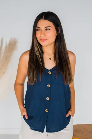 Essential Button Front Tank in Navy