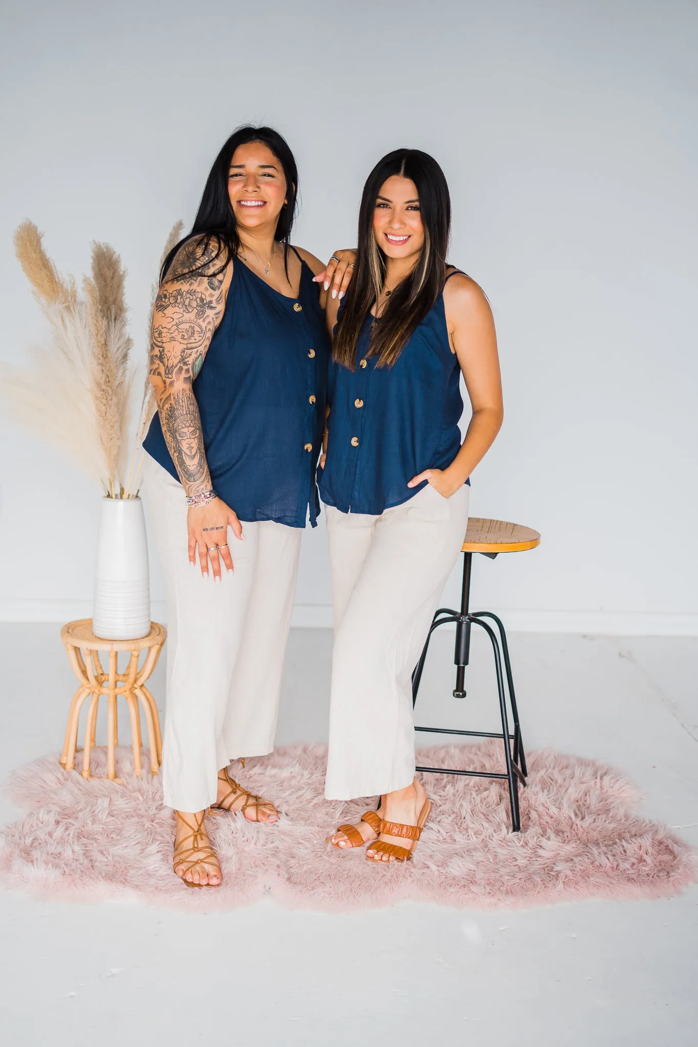 Essential Button Front Tank in Navy