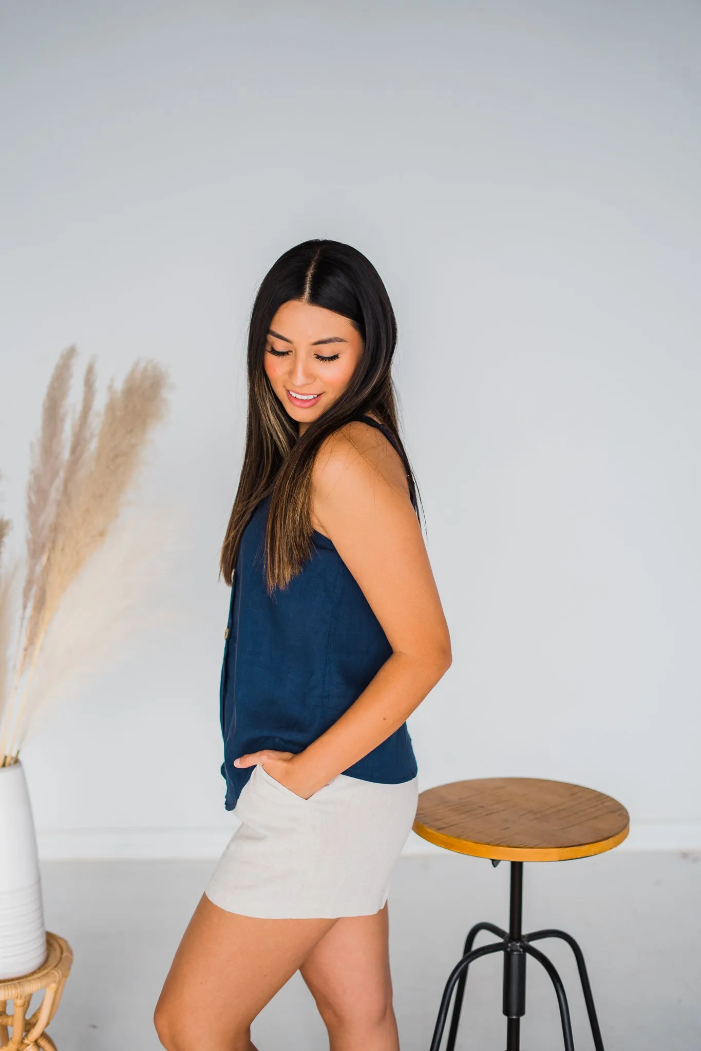 Essential Button Front Tank in Navy