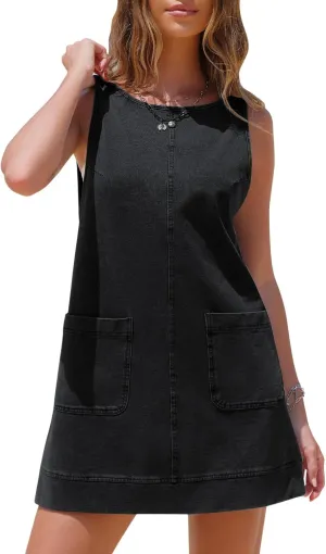 EXLURA Womens Sleeveless Denim Dress Casual Summer Crewneck A Line Overall Mini Dress Jean Jumper Pinafore with Pockets 2025