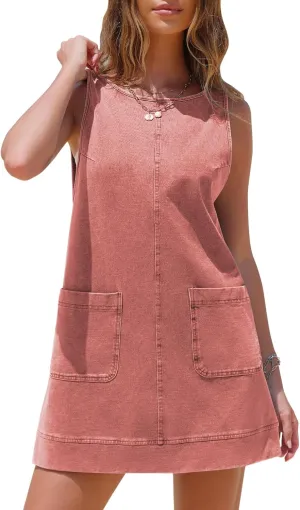 EXLURA Womens Sleeveless Denim Dress Casual Summer Crewneck A Line Overall Mini Dress Jean Jumper Pinafore with Pockets 2025