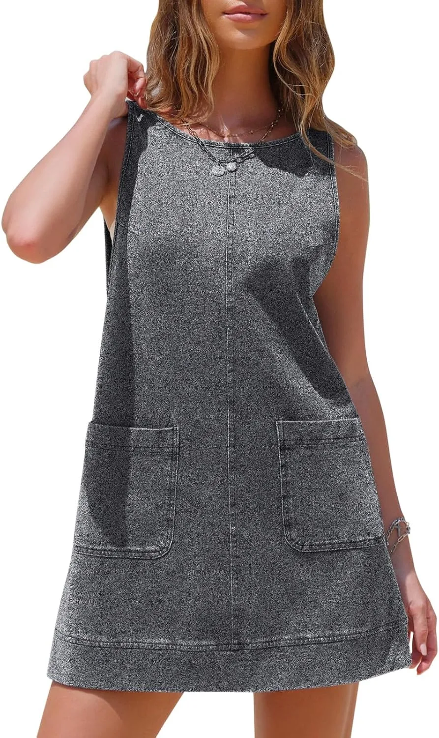 EXLURA Womens Sleeveless Denim Dress Casual Summer Crewneck A Line Overall Mini Dress Jean Jumper Pinafore with Pockets 2025