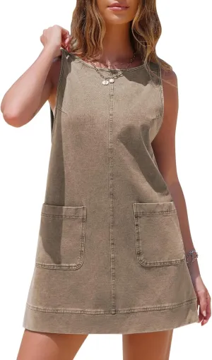 EXLURA Womens Sleeveless Denim Dress Casual Summer Crewneck A Line Overall Mini Dress Jean Jumper Pinafore with Pockets 2025