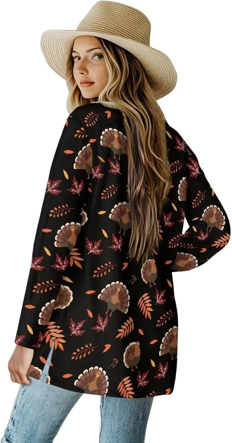 Fall Maple Leaf Cardigan Sweaters for Women Long Sleeve Cardigan Soft Drape Open Front Dusters V-Neck Jackets Dressy