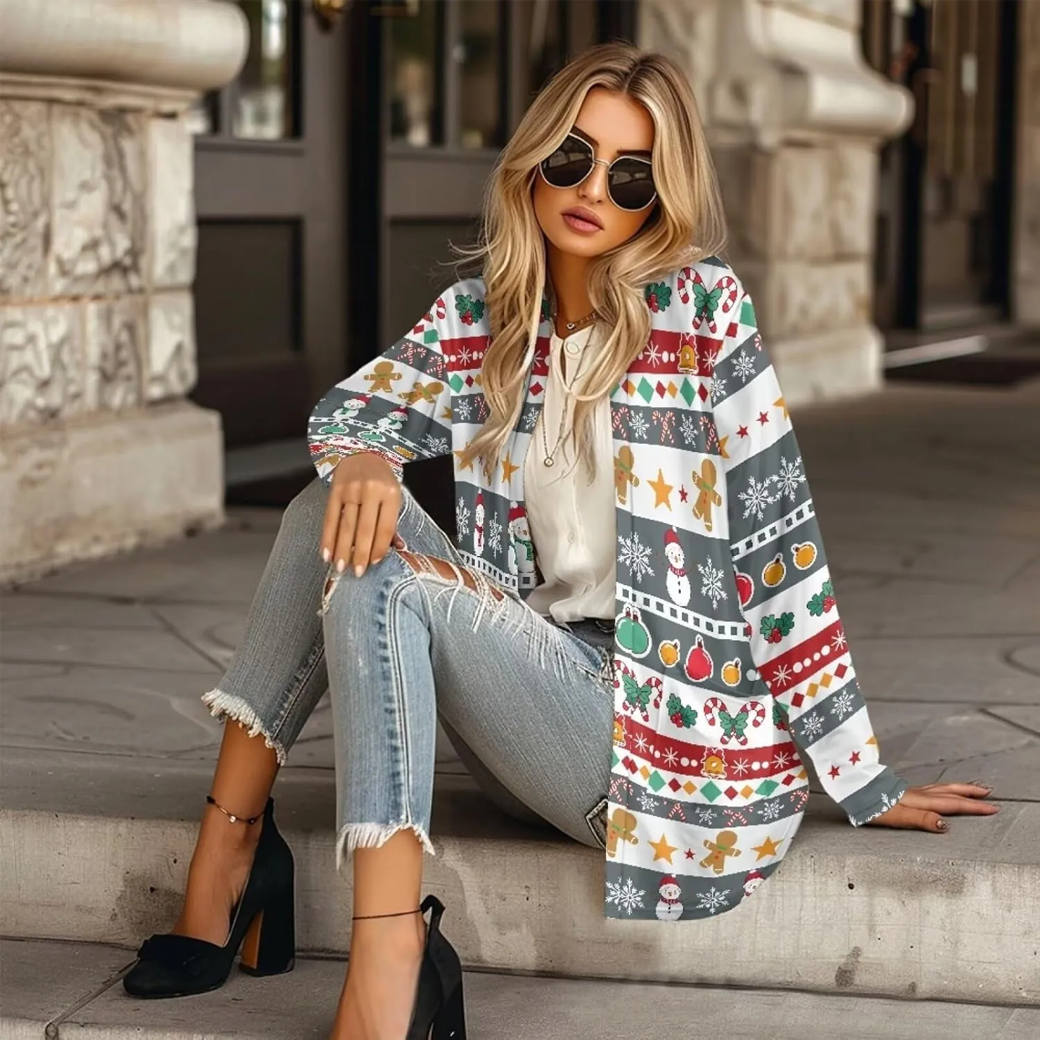 Fall Maple Leaf Cardigan Sweaters for Women Long Sleeve Cardigan Soft Drape Open Front Dusters V-Neck Jackets Dressy