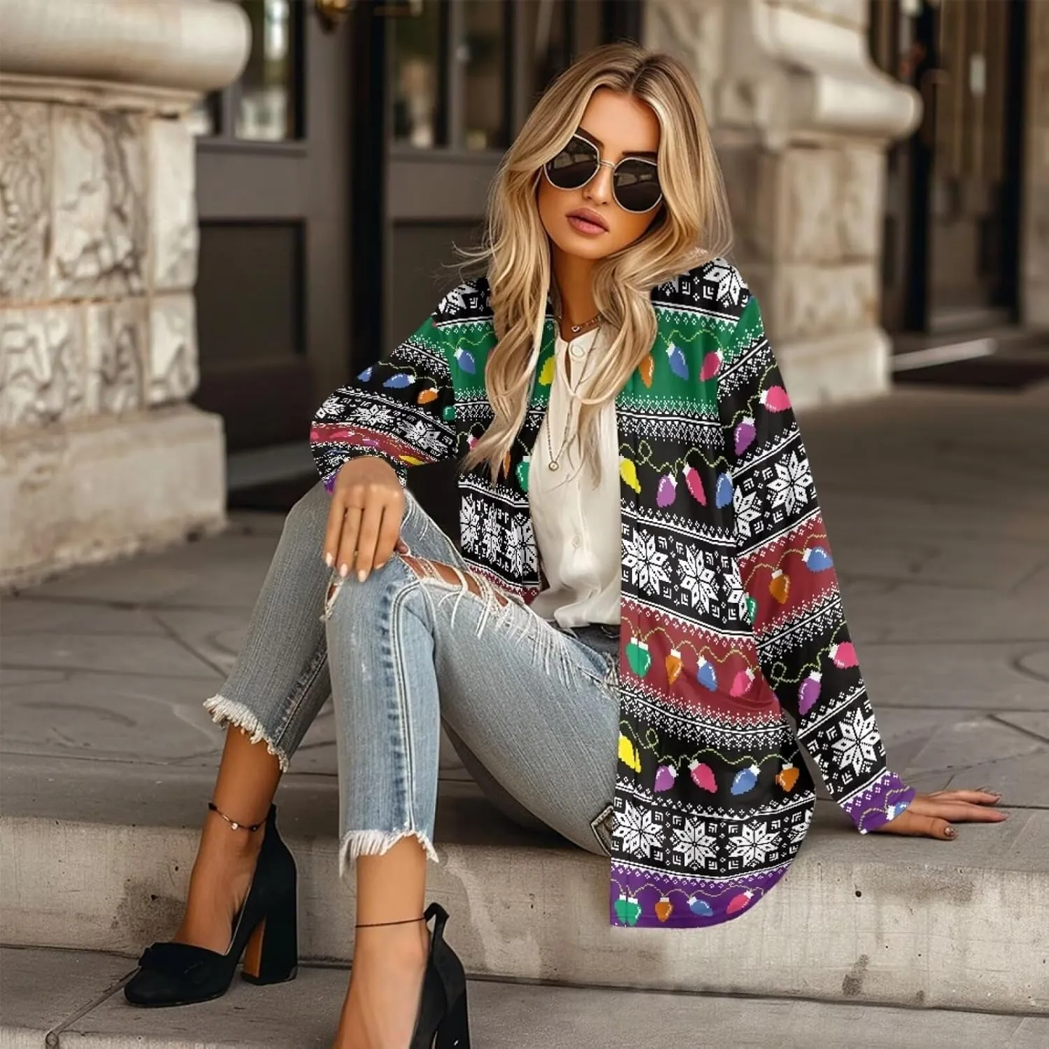 Fall Maple Leaf Cardigan Sweaters for Women Long Sleeve Cardigan Soft Drape Open Front Dusters V-Neck Jackets Dressy