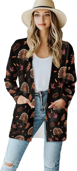 Fall Maple Leaf Cardigan Sweaters for Women Long Sleeve Cardigan Soft Drape Open Front Dusters V-Neck Jackets Dressy