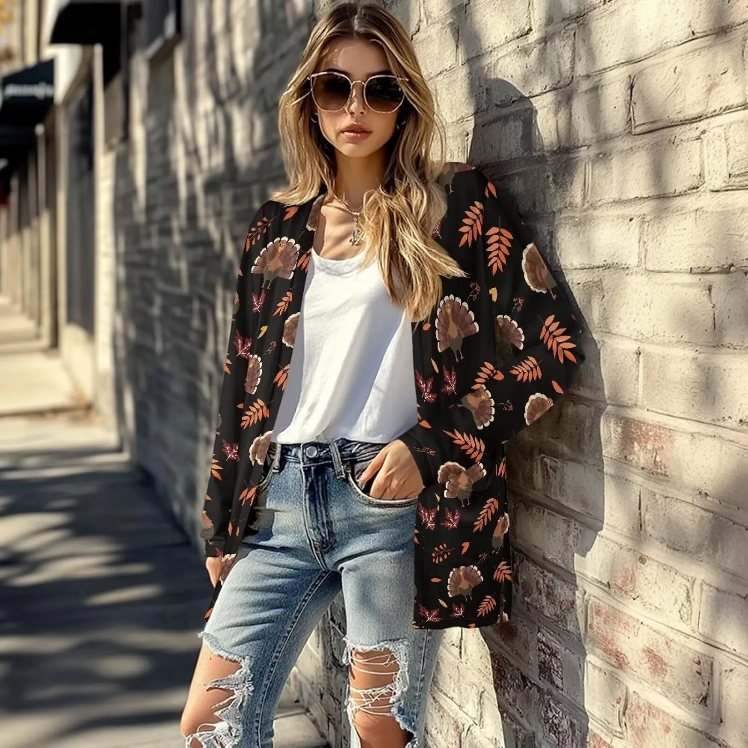 Fall Maple Leaf Cardigan Sweaters for Women Long Sleeve Cardigan Soft Drape Open Front Dusters V-Neck Jackets Dressy