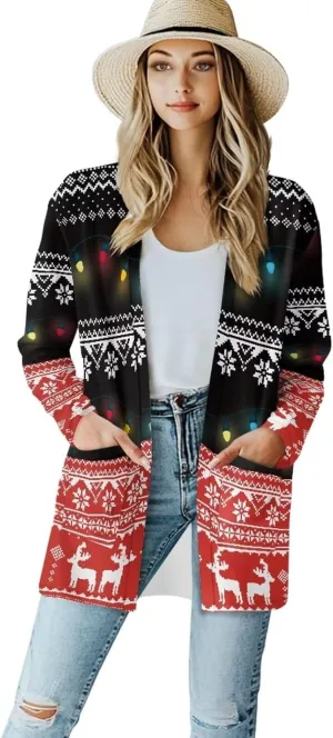 Fall Maple Leaf Cardigan Sweaters for Women Long Sleeve Cardigan Soft Drape Open Front Dusters V-Neck Jackets Dressy