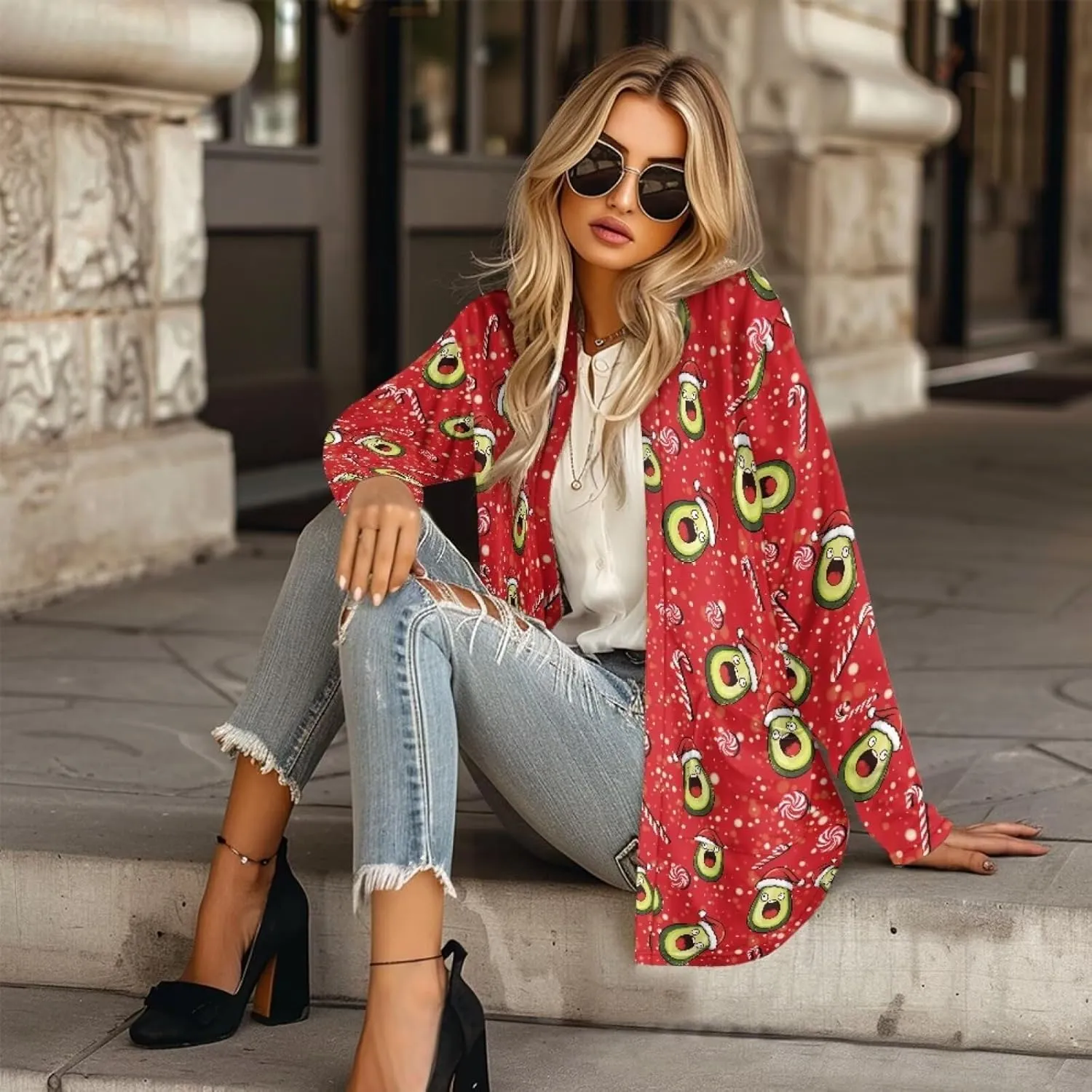 Fall Maple Leaf Cardigan Sweaters for Women Long Sleeve Cardigan Soft Drape Open Front Dusters V-Neck Jackets Dressy