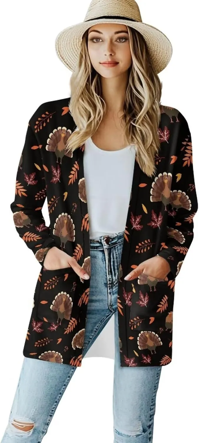 Fall Maple Leaf Cardigan Sweaters for Women Long Sleeve Cardigan Soft Drape Open Front Dusters V-Neck Jackets Dressy