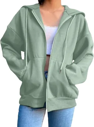 Fashion Hoodies Zipper Oversized Loose Fit Women Long Sleeve Solid Jackets Soft Vintage Sweatshirt with Pocket