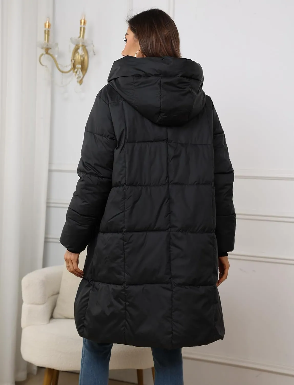 FEOYA Womens Thickened Down Coat Winter Warm Hooded Puffer Jacket Zip Up Long Coats Outerwear with Hood
