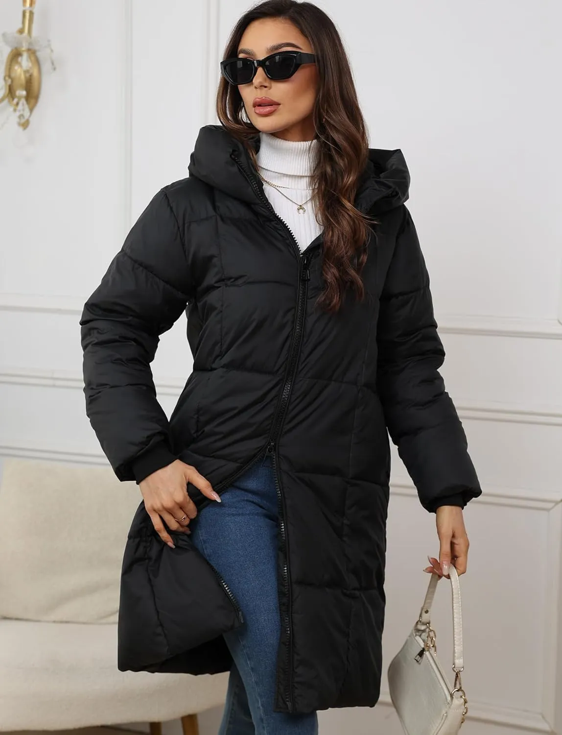 FEOYA Womens Thickened Down Coat Winter Warm Hooded Puffer Jacket Zip Up Long Coats Outerwear with Hood