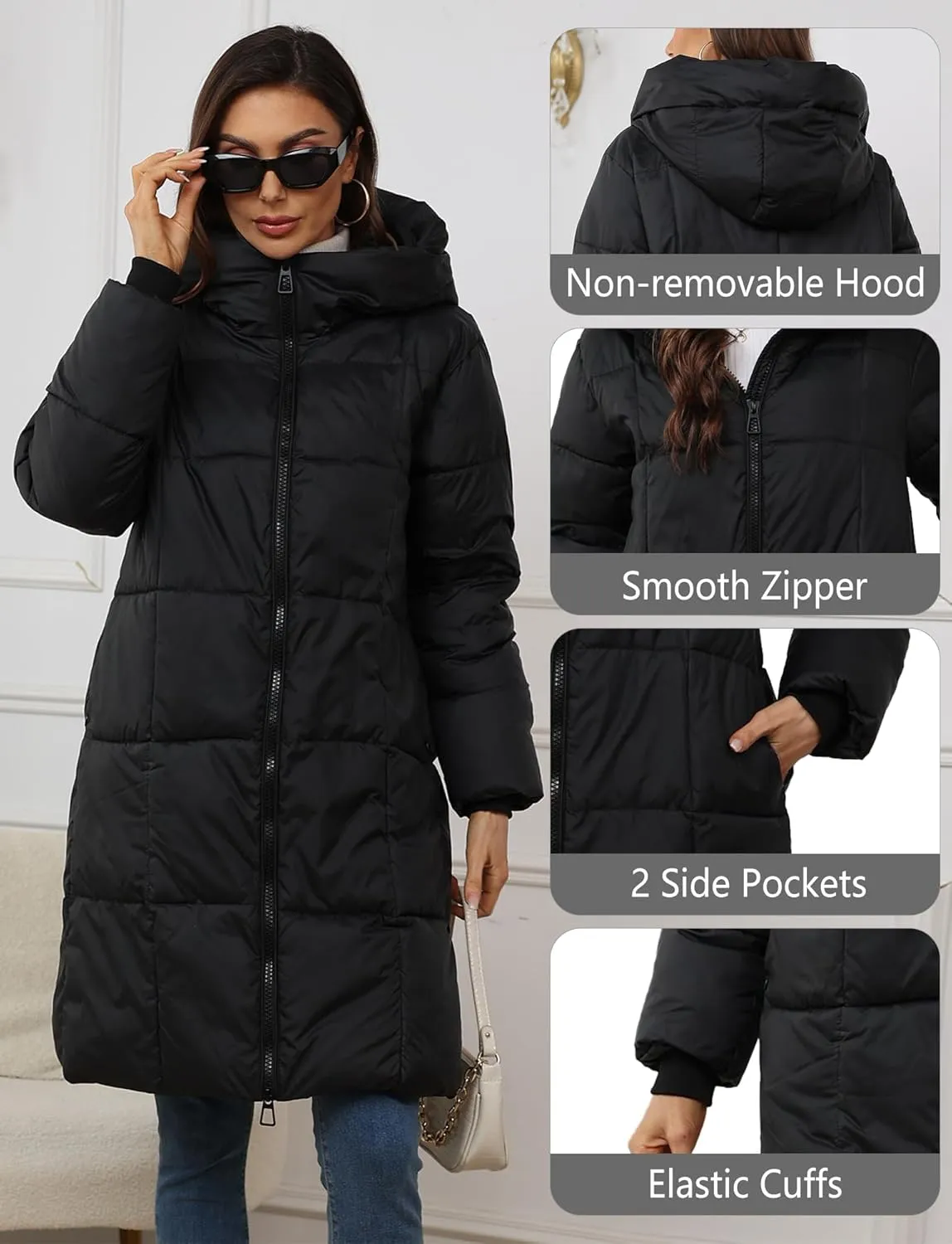 FEOYA Womens Thickened Down Coat Winter Warm Hooded Puffer Jacket Zip Up Long Coats Outerwear with Hood