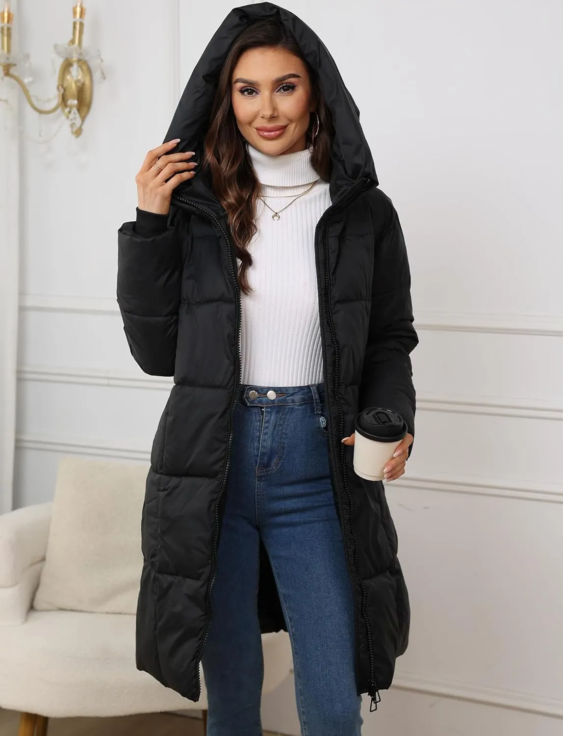 FEOYA Womens Thickened Down Coat Winter Warm Hooded Puffer Jacket Zip Up Long Coats Outerwear with Hood