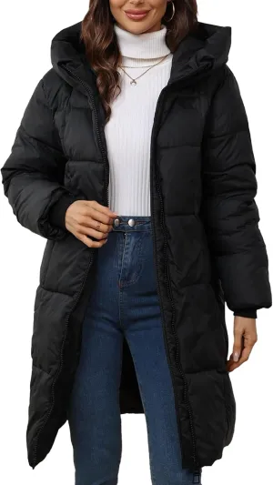 FEOYA Womens Thickened Down Coat Winter Warm Hooded Puffer Jacket Zip Up Long Coats Outerwear with Hood