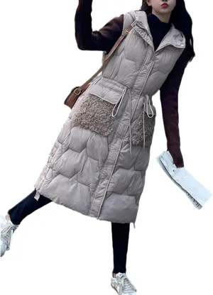 Fjnbbiot Women's Winter Vest Warm Long Down Waistcoat Sleeveless Coat Hooded Cotton Padded Waistcoat Pocket Windproof Outwear