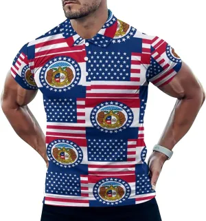 Flag of U.S.A and Missouri Slim Fit Men's Short Sleeve Polo Shirts Quick-Dry Breathable Golf T-Shirt Tops