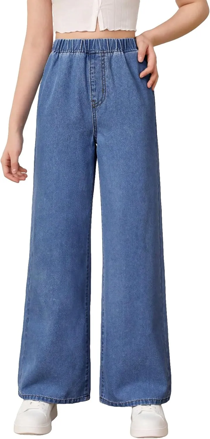 Floerns Girls Elastic Waist Wide Leg Jeans Loose Fit Baggy Denim Pants