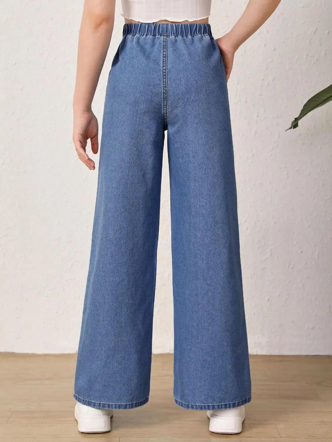 Floerns Girls Elastic Waist Wide Leg Jeans Loose Fit Baggy Denim Pants