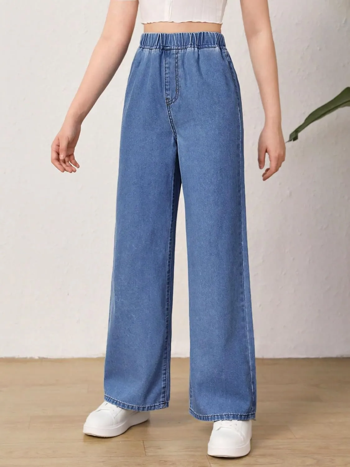 Floerns Girls Elastic Waist Wide Leg Jeans Loose Fit Baggy Denim Pants