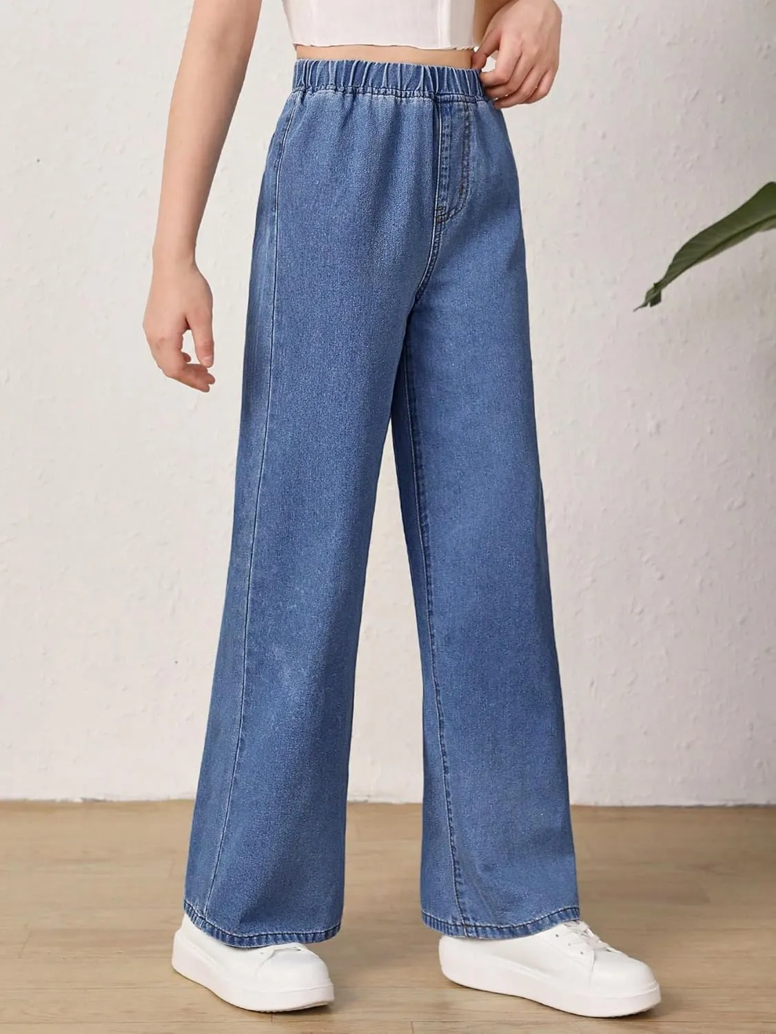 Floerns Girls Elastic Waist Wide Leg Jeans Loose Fit Baggy Denim Pants
