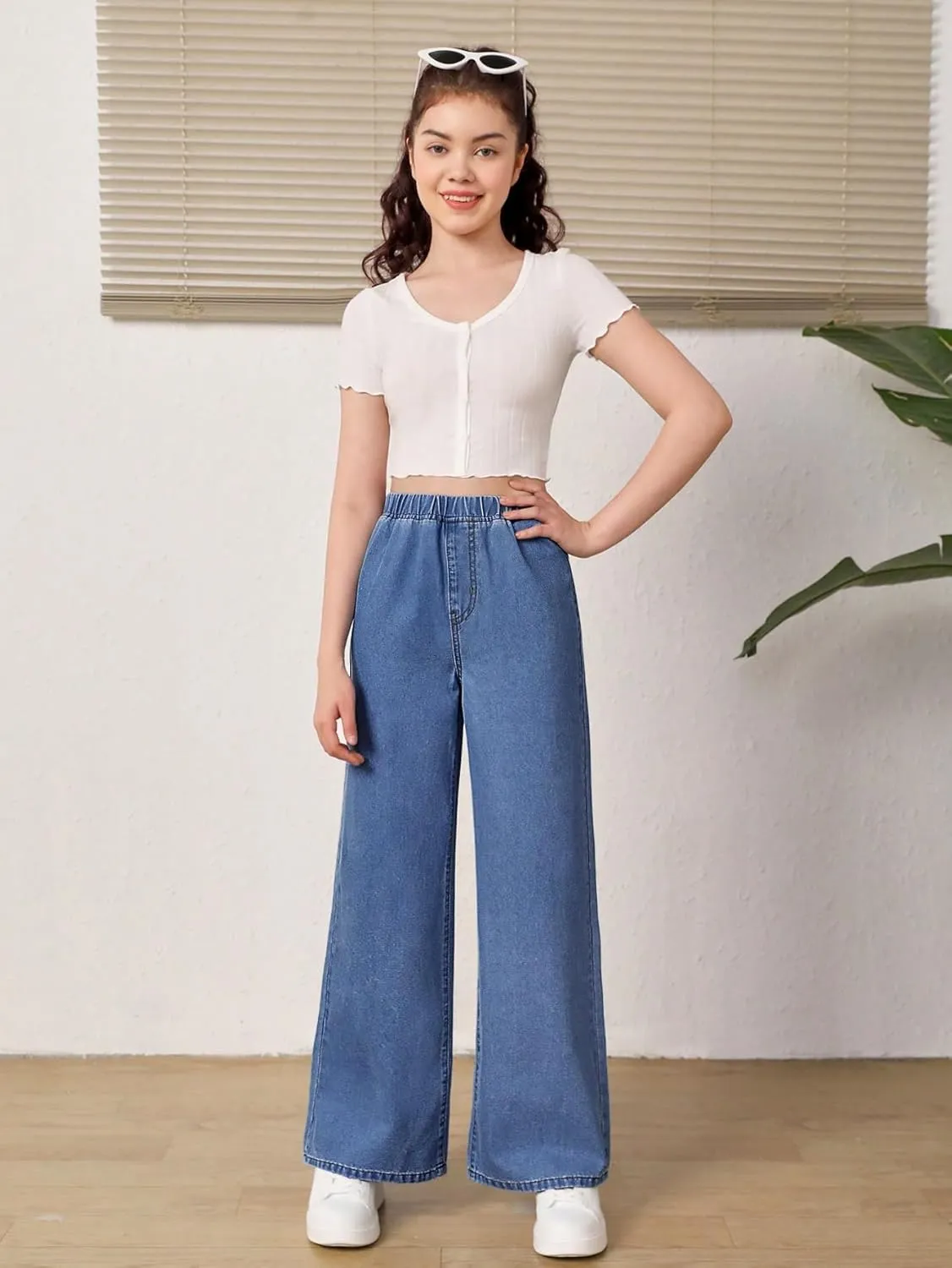 Floerns Girls Elastic Waist Wide Leg Jeans Loose Fit Baggy Denim Pants