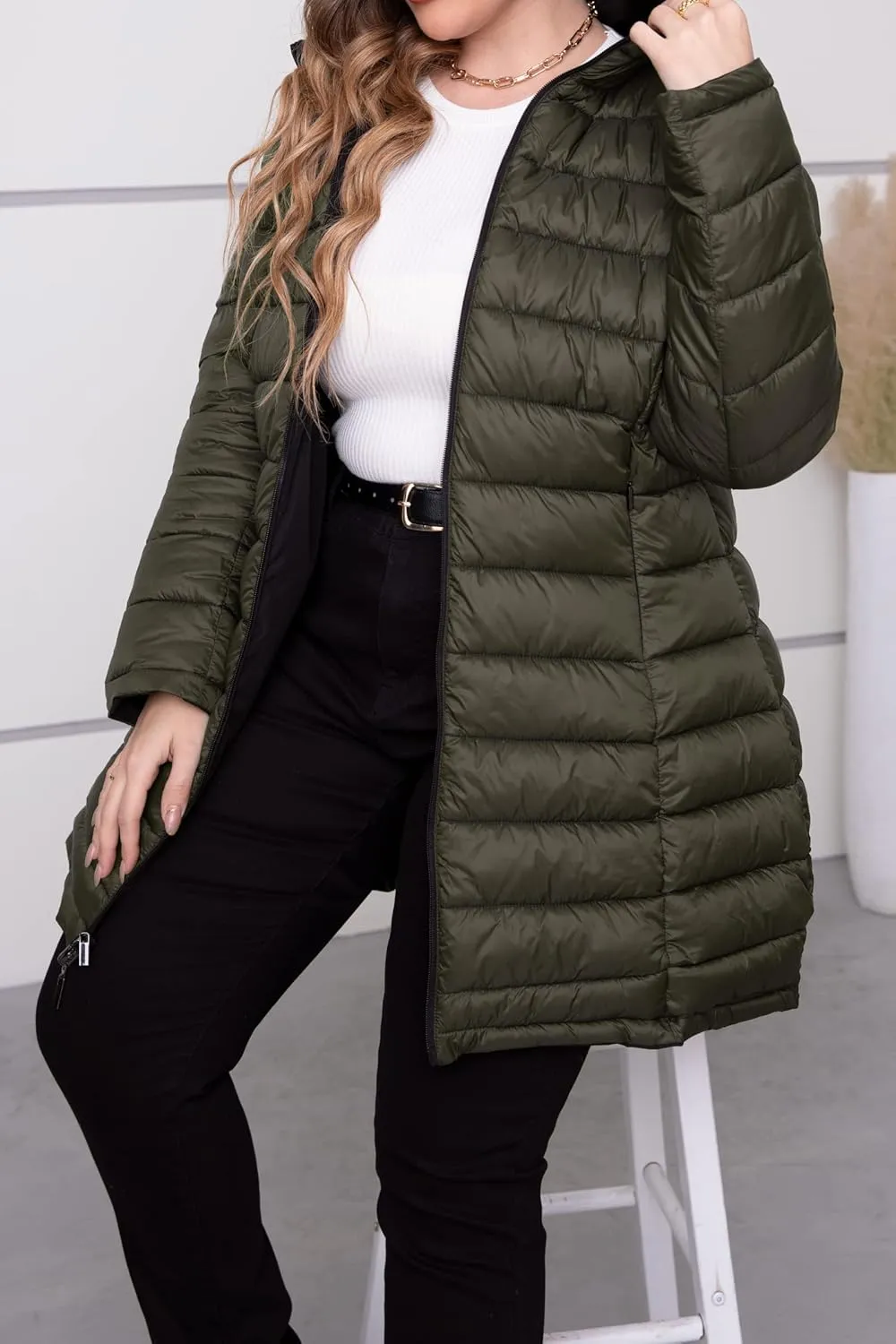 Geschallino Women's Puffer Coat Plus Size Winter Jacket Warm Hooded Thicken Long Padded Bubble Outerwear (1X-5X)