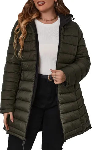 Geschallino Women's Puffer Coat Plus Size Winter Jacket Warm Hooded Thicken Long Padded Bubble Outerwear (1X-5X)