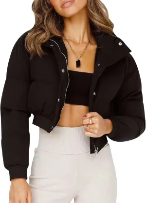 Gihuo Women' s Cropped Puffer Jacket Padded Long Sleeve Bubble Coats Winter Warm Puffy Outerwear