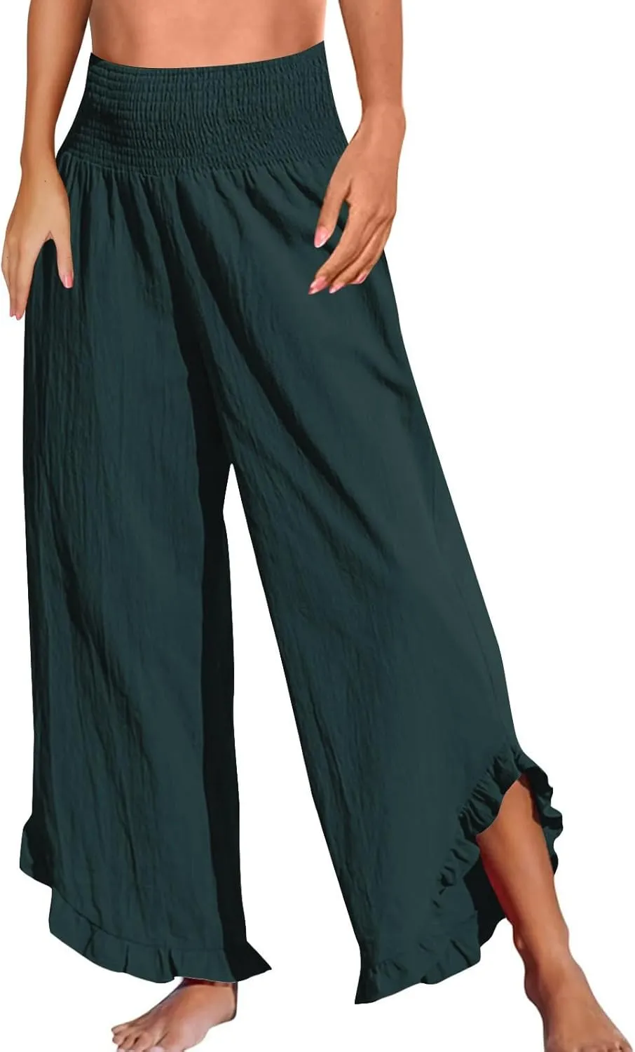 GOFULY Lined Pants Women Wide Leg Casual High Waisted Beach Pants with Pockets Elastic Waist Summer Elegant Solid Clothes
