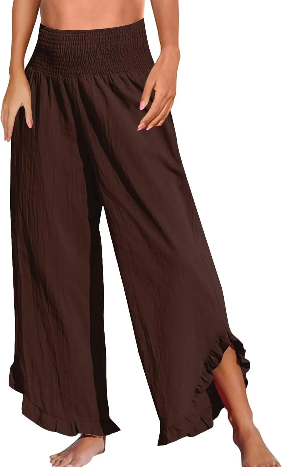 GOFULY Lined Pants Women Wide Leg Casual High Waisted Beach Pants with Pockets Elastic Waist Summer Elegant Solid Clothes