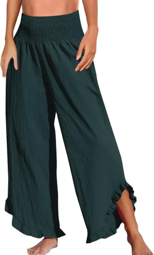GOFULY Lined Pants Women Wide Leg Casual High Waisted Beach Pants with Pockets Elastic Waist Summer Elegant Solid Clothes