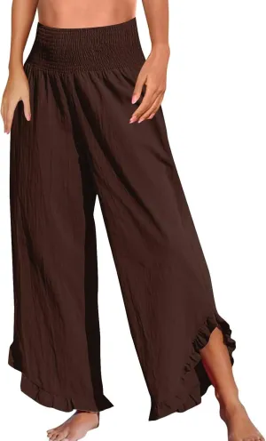 GOFULY Lined Pants Women Wide Leg Casual High Waisted Beach Pants with Pockets Elastic Waist Summer Elegant Solid Clothes