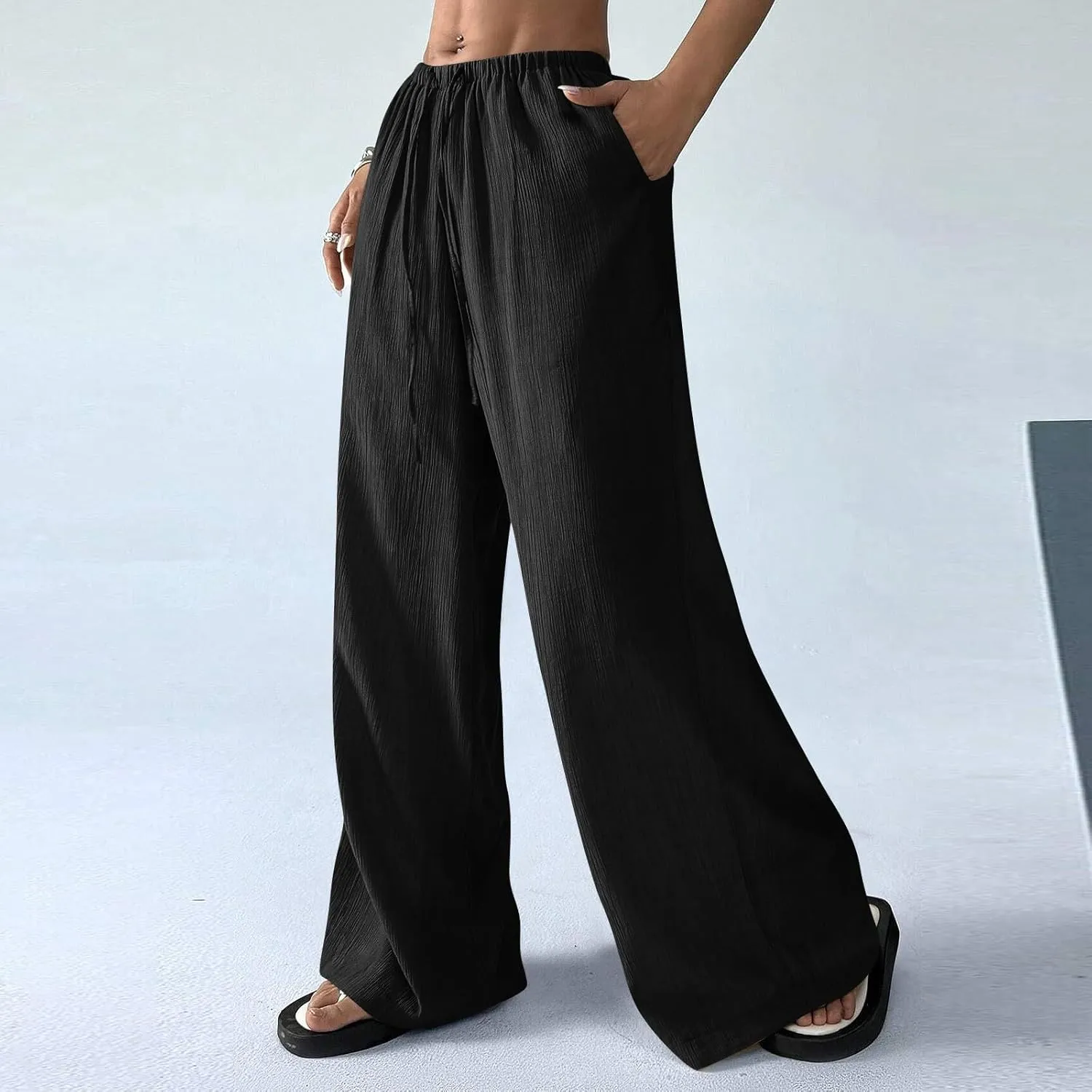 GOFULY Linen Palazzo Pants Women Wide Leg Trendy 2025 Pants High Waisted Drawstring Elastic Waist Summer Baggy Solid Trousers